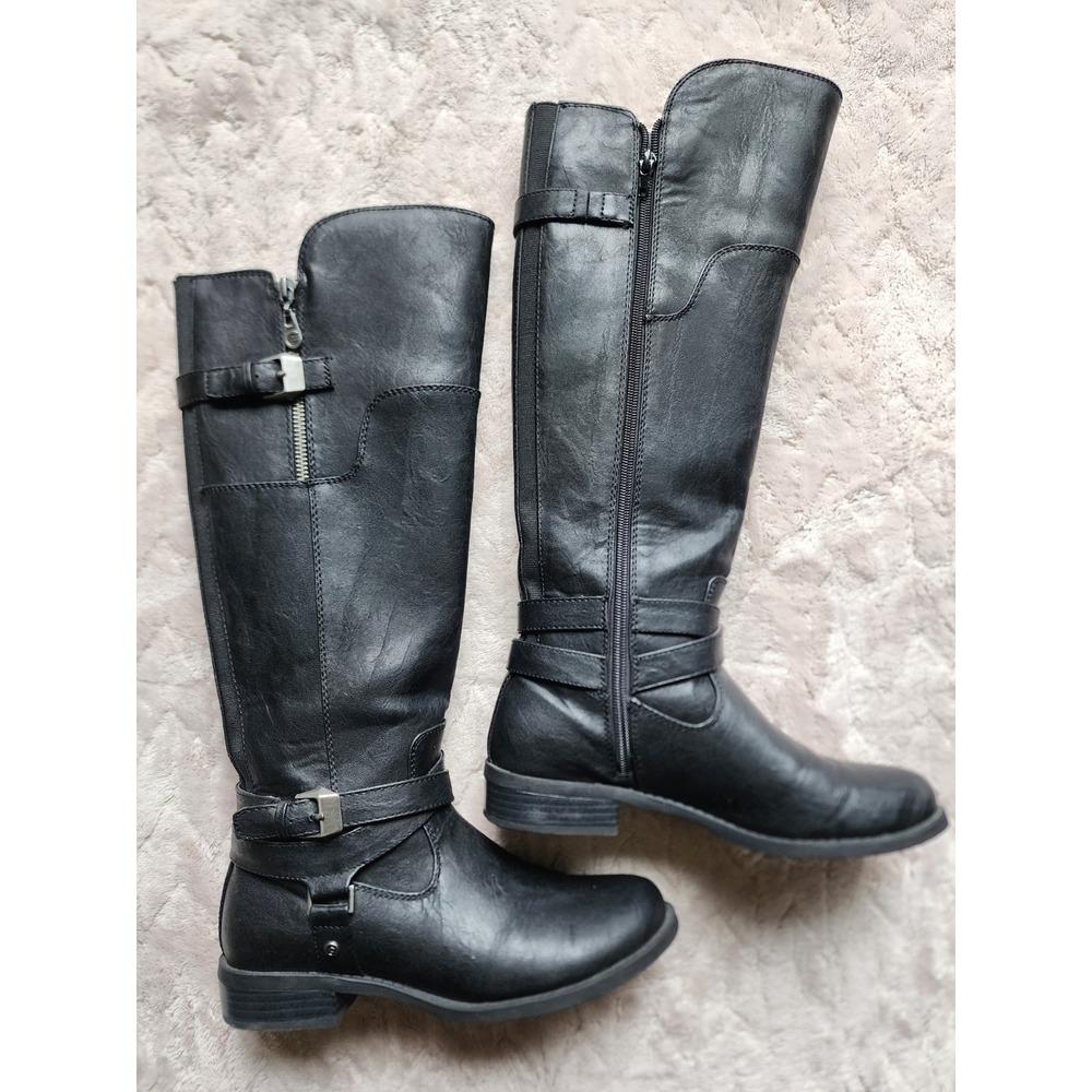 G By Guess Black Knee High Riding Boots Buckle Faux Leather Womens 6.5